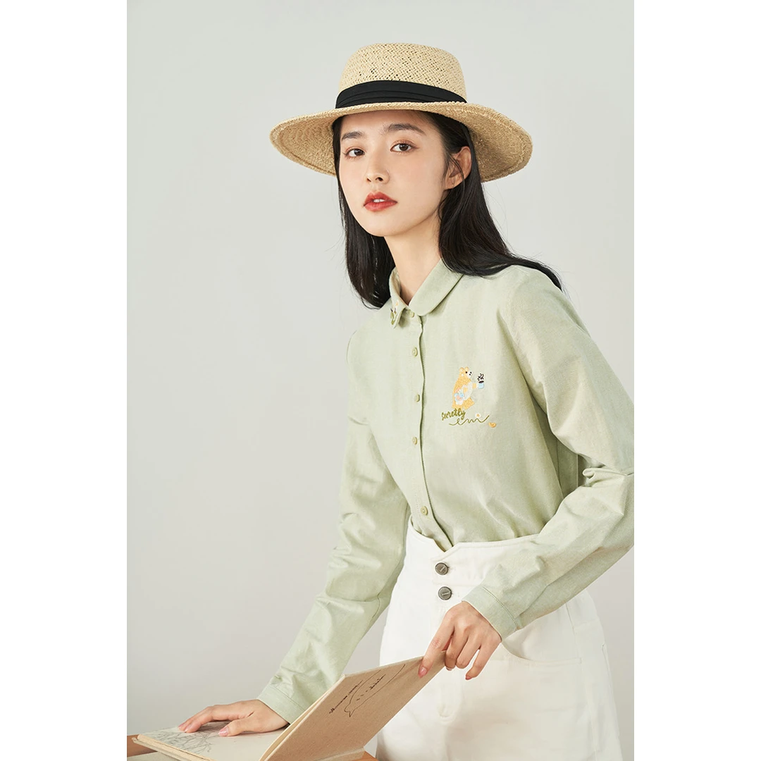 【欧若风新品】茵曼秋季纯棉衬衣甜美刺绣娃娃领百搭通勤长袖衬衫女