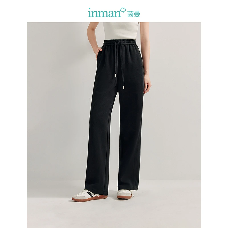 茵曼2024春秋新款女休闲裤阔腿裤长裤筒裤女装宽松香蕉高腰抽绳