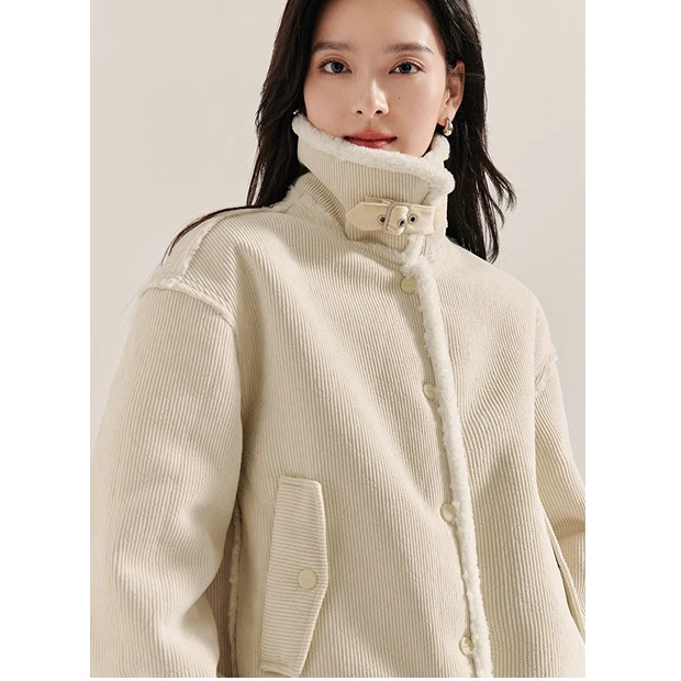 【欧若风新品】茵曼春季两面穿皮毛一体羊羔绒外套小个子夹克上衣女