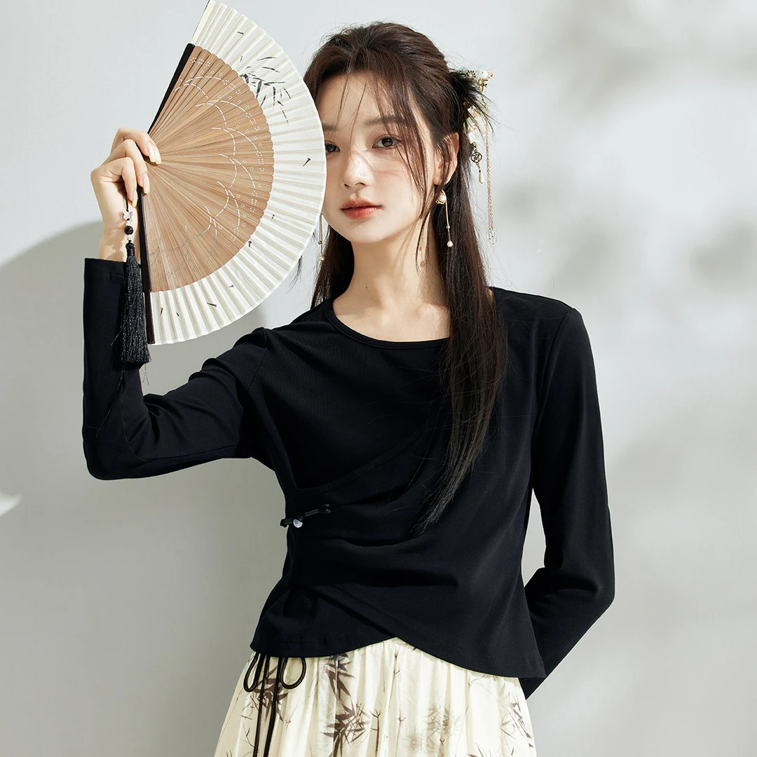 茵曼春秋女T恤打底长袖显瘦休闲新款圆领不规则时尚黑色爆款百搭