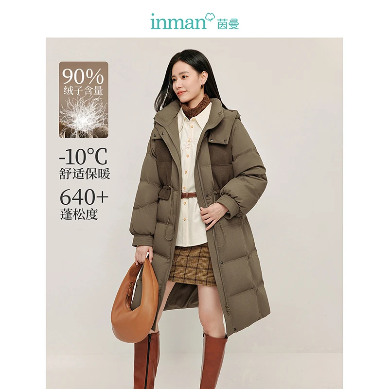 【商场同款】茵曼复古连帽羽绒服2024冬季女装新款百搭休闲长外套