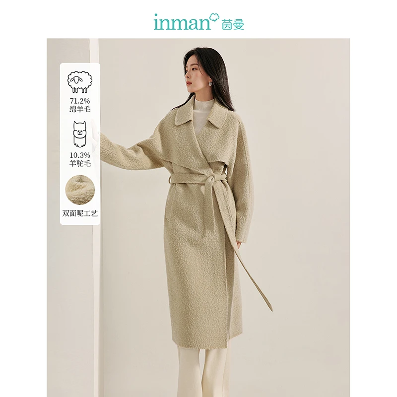 【欧若智性风】茵曼冬季绵羊毛驼绒双面呢大衣设计感肩袖翻领外套女