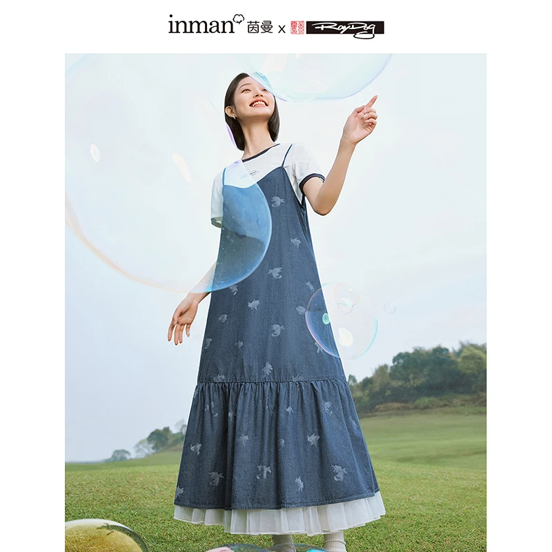 【雅丹风】米雷系列丨茵曼夏季时尚牛仔吊带裙提花宽松蛋糕连衣裙