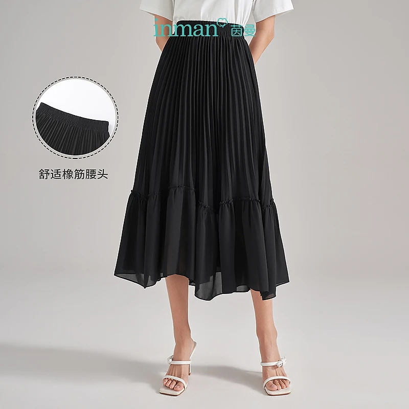 【女装】茵曼夏季女半身裙裙子鱼尾伞裙休闲显瘦新款气质雪纺百褶