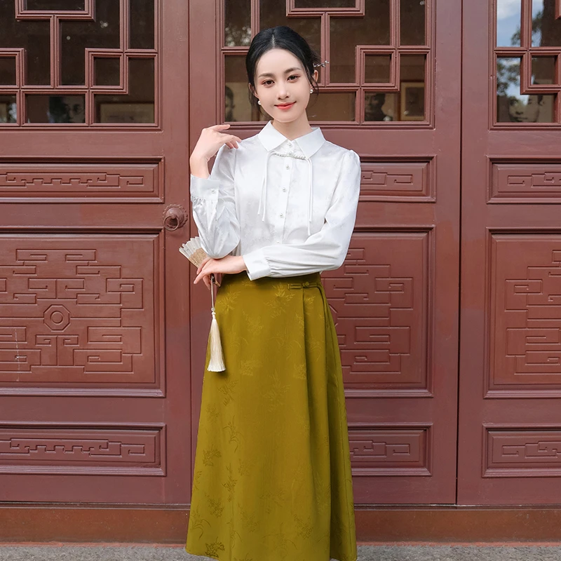 【落花为信】茵曼2024春秋新款女衬衫衬衣长袖国风休闲提花中式纯色