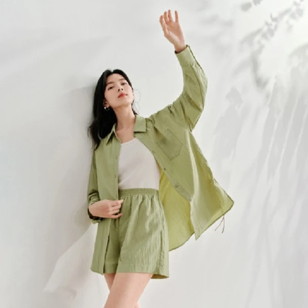 【双11提前购】茵曼夏季UPF100+防晒凉爽衬衣舒适休闲开衩绑带衬衫