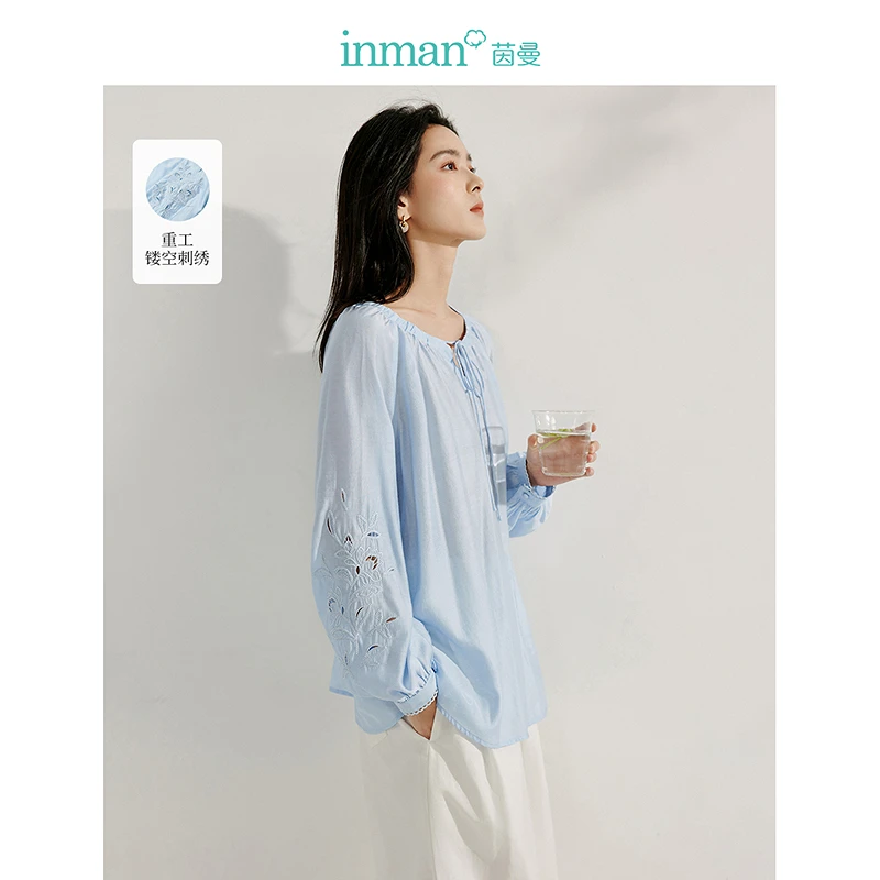 【欧若风新品】茵曼春季法式系带立体镂空刺绣衬衫气质宽松长袖衬衣