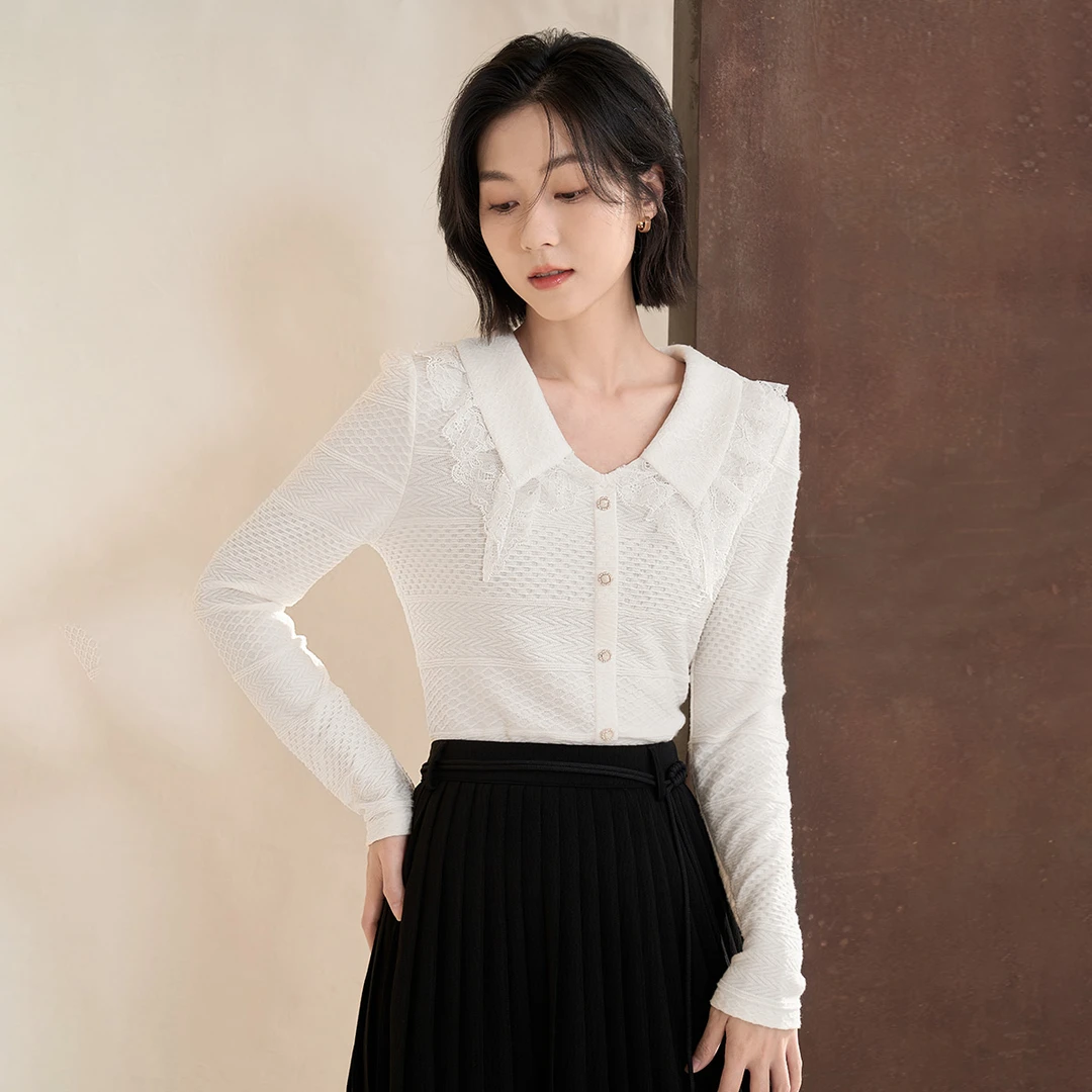 【商场同款】茵曼春女装法式花边拼接翻领肌理感修身T恤18316211