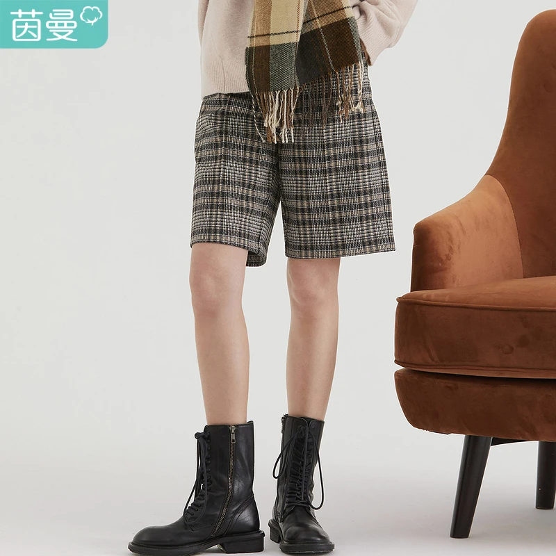 【商城专享】茵曼冬季女休闲裤格子宽松新款百搭中裤爆款时尚舒适