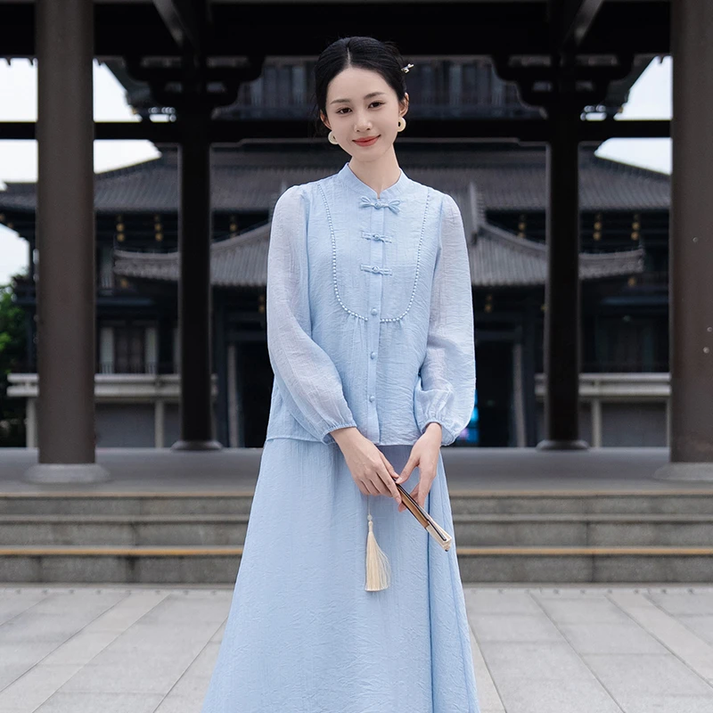 【蓝桥春雪】茵曼2025春秋新款女时尚套装套裙衬衫两件半身裙短袖