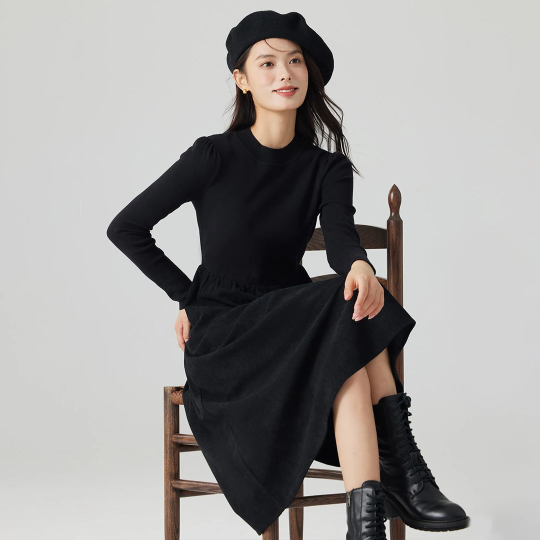【欧若风新品】茵曼冬季复古灯芯绒连衣裙半高领打底衫收腰小黑裙女