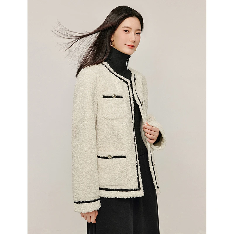 【欧若智性风】茵曼冬季小香风皮毛一体仿羊羔绒外套女拼接织带上衣