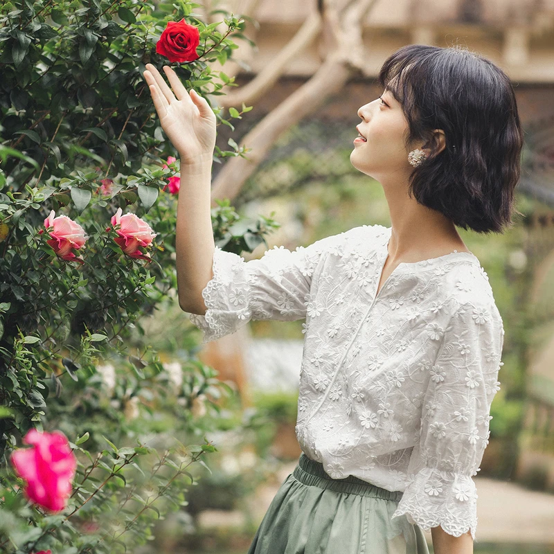 【西西里漫花】茵曼夏季女衬衫上衣衬衣新款女士纯棉针织休闲套头
