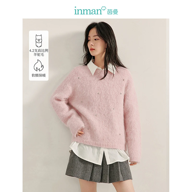 【欧若风新品】茵曼冬季法式手工拉毛钉珠羊驼毛衫圆领宽松百搭毛衣