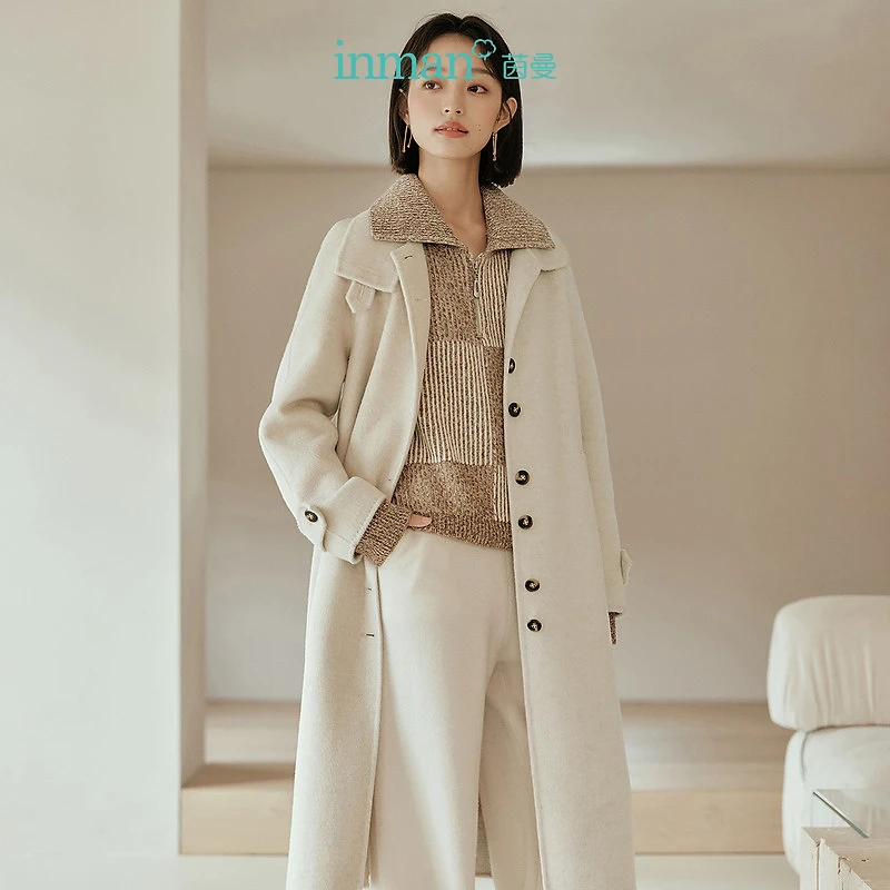 【商场同款】茵曼冬季女毛呢外套呢大衣女装绵羊毛新款毛绒衣服品牌