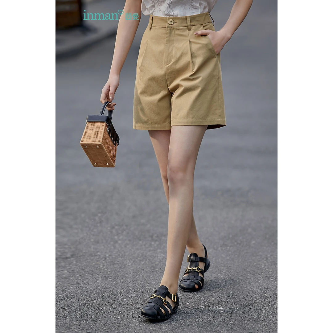 茵曼夏季百搭阔腿显瘦短裤通勤高腰休闲纯棉a字裤女