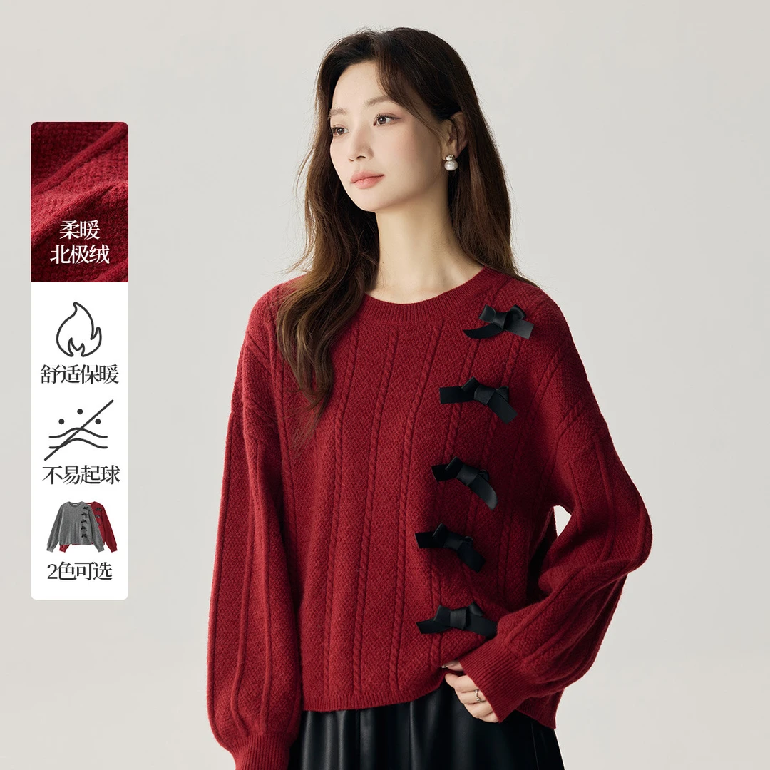 茵曼冬季安可拉红蝴蝶结套头毛衣保暖慵懒风针织上衣毛衣女秋冬