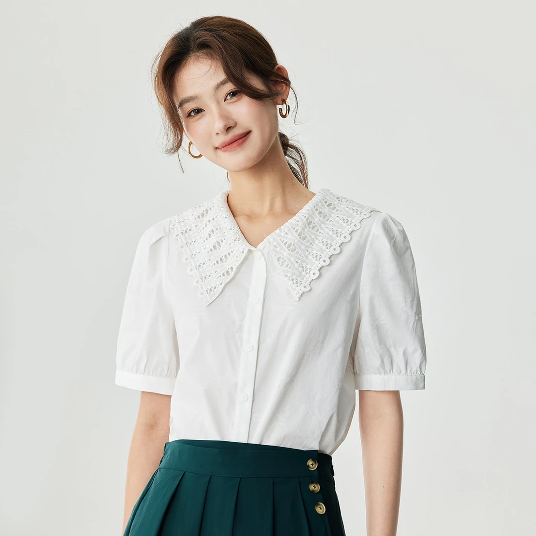 茵曼2024夏季新款女衬衫白衬衣短袖小衫气质纯棉泡泡袖休闲宽松