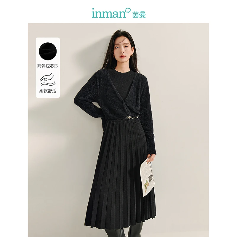 【欧若风新品】茵曼冬季半高领假两件毛织连衣裙女气质长袖宽松裙子