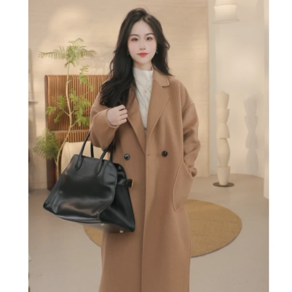 【欧若风新品】茵曼冬季双面呢外套翻驳配腰袢双排扣收腰保暖上衣女