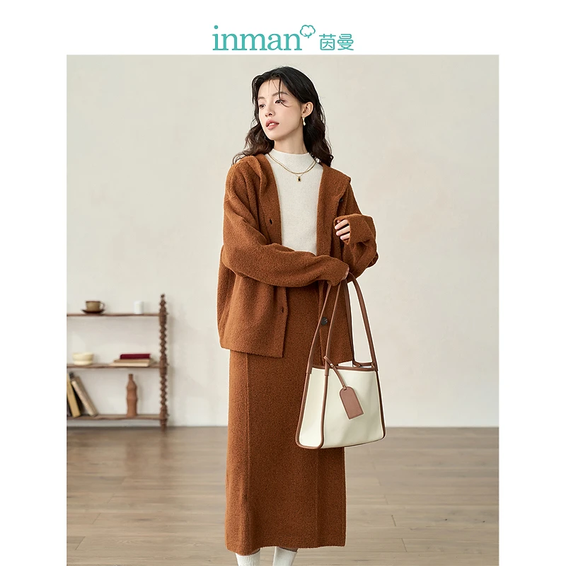 茵曼亲肤绒连帽开衫毛衣冬季女装长袖宽松百搭时尚显瘦中长款上衣