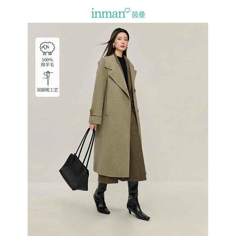 【商场同款】茵曼2024冬季优雅绵羊毛双面呢大衣立领中长款保暖外套