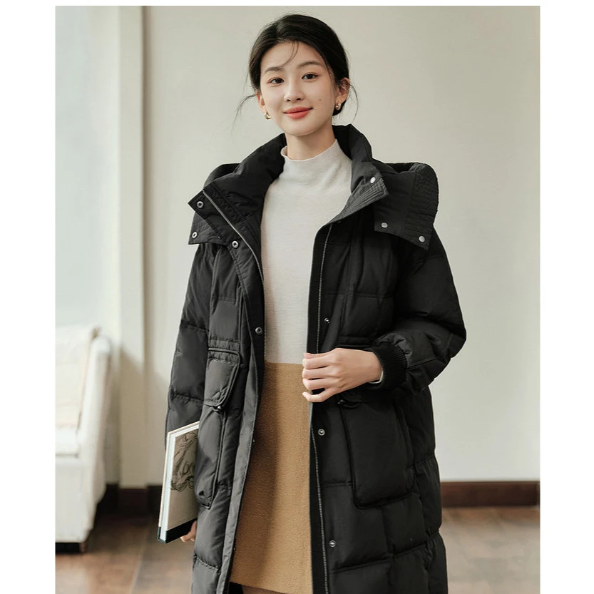 茵曼冬季简约百搭中长款白鸭绒时尚休闲连帽宽松加厚外套