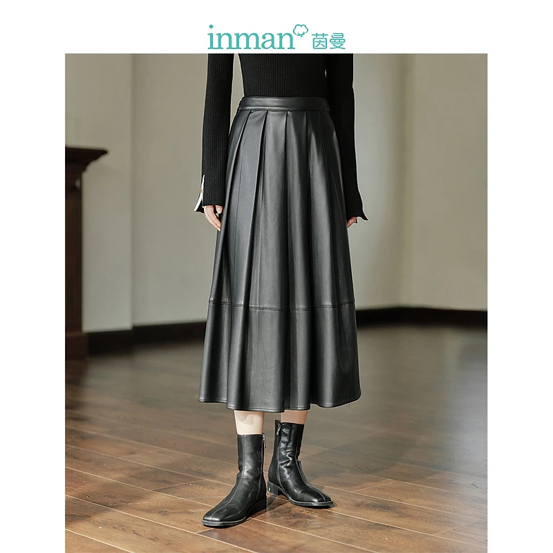 【茵曼女装】茵曼PU皮廓形百褶裙宽松中长款半身裙伞18348269