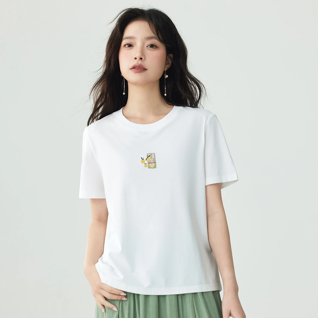 【薄荷曼波】茵曼2024夏季新款女T恤短袖长袖女士时尚纯棉女款刺绣