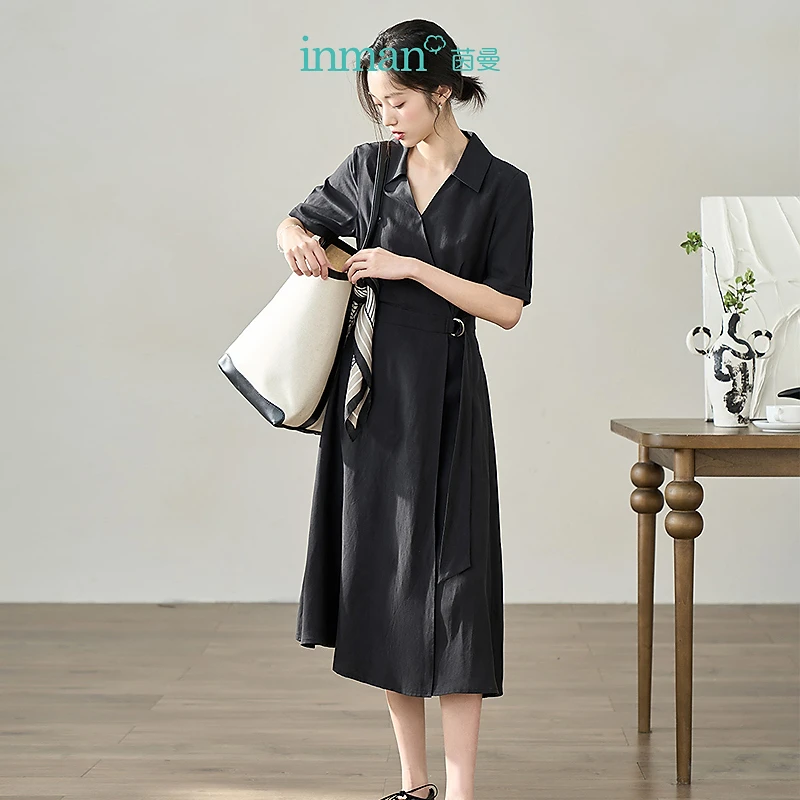 【周年庆】茵曼夏季女连衣裙裙子显瘦短袖新款休闲A字裙黑色收腰V领
