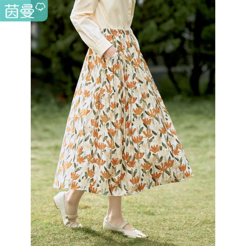 茵曼秋季女装田园风印花弹力松紧腰舒适遮肉A字碎花半身裙雅丹风