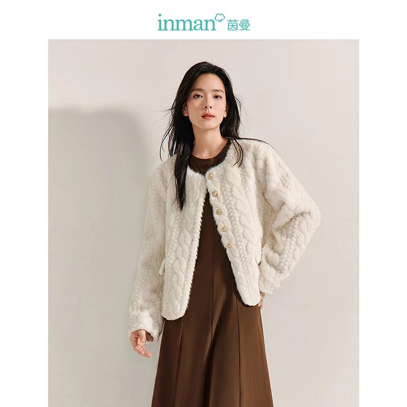 【商场同款新品】茵曼春季千金风皮毛一体外套柔软顺滑羊羔绒圆领上