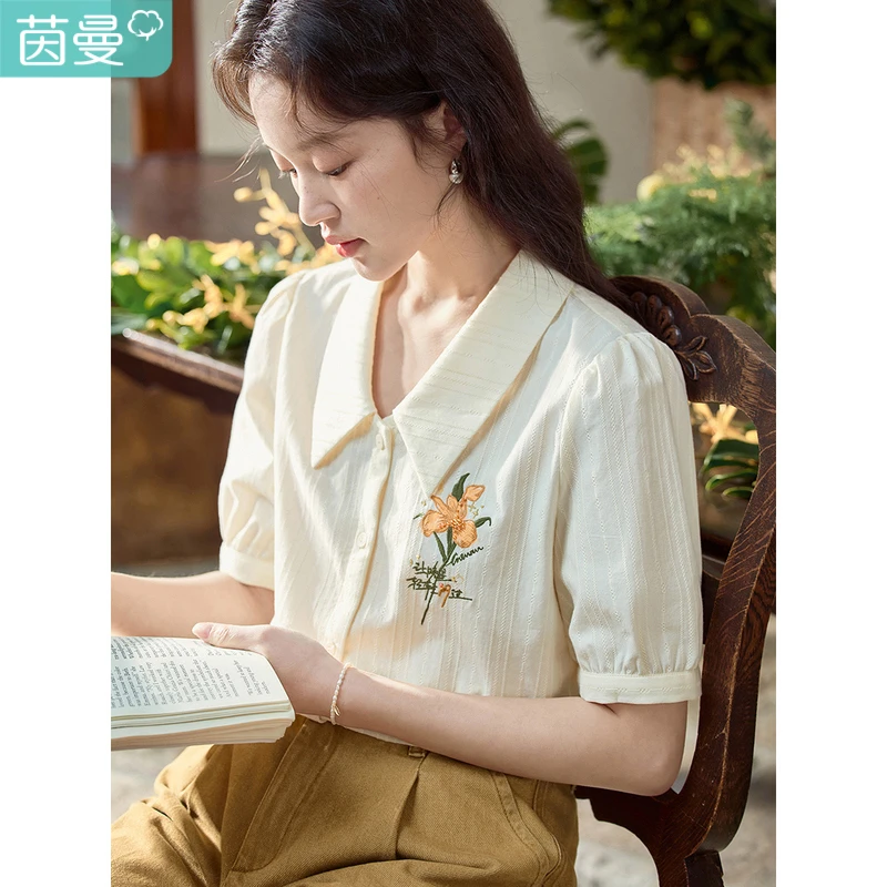 【雅丹风】茵曼夏季法式绣花衬衫女纯棉肌理感设计感泡泡短袖衬衣