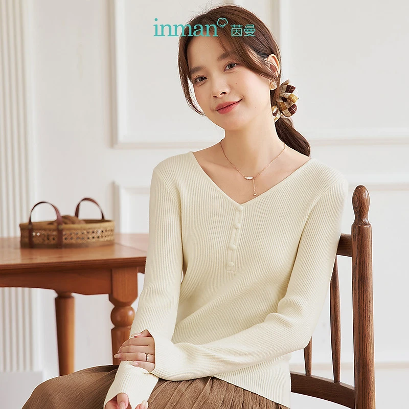 茵曼 春秋女装通勤慵懒V领套头长袖显瘦针织毛衣时尚百搭宽松女士