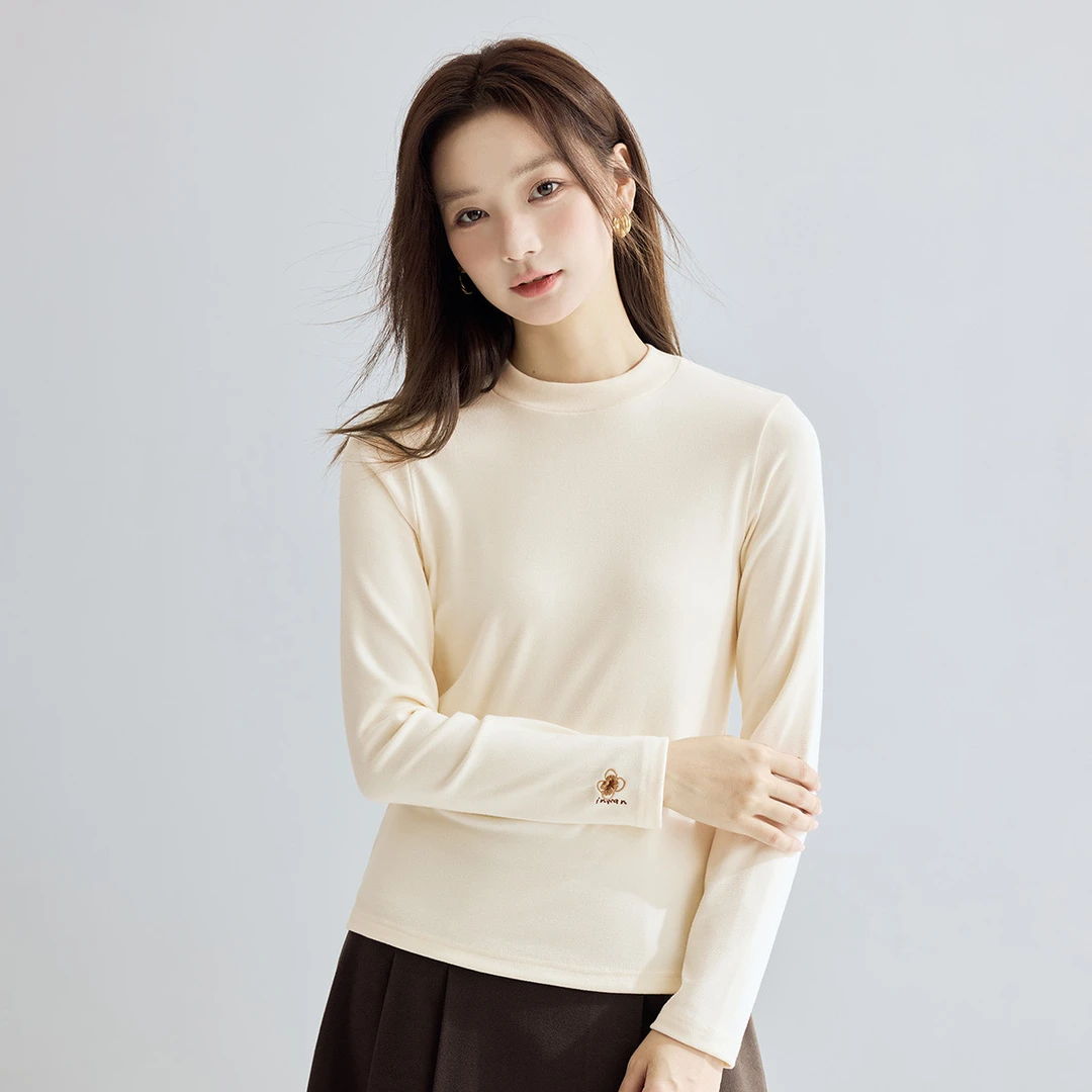 【双旦礼遇季】茵曼冬季基础绣花磨毛打底衫女百搭保暖内搭长袖T恤