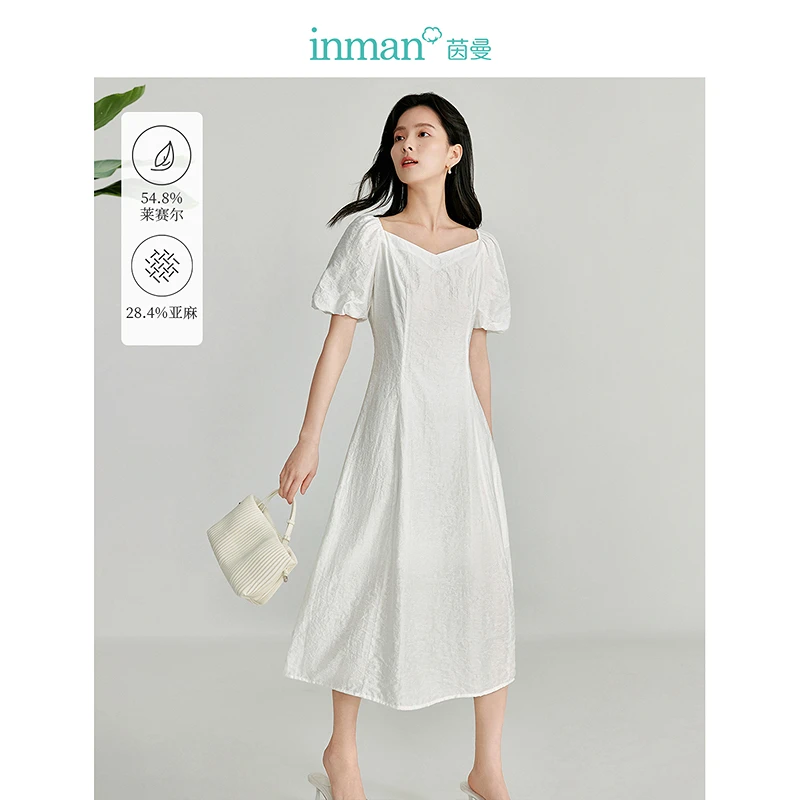 【欧若智性风】茵曼莱赛尔亚麻提花连衣裙女装通勤桃心领短袖长裙