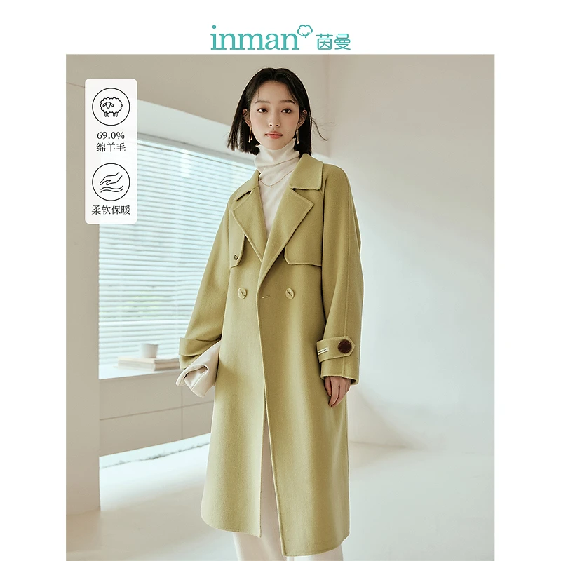 【商场同款】茵曼冬季女毛呢外套大衣女装风衣绵羊毛新款休闲宽松