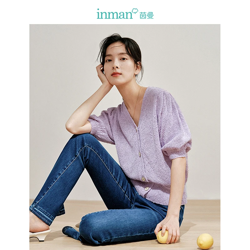 茵曼2024春秋新款女毛针织衫上衣开衫女装短袖显瘦V领袖时尚休闲
