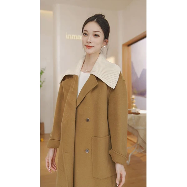 【秋冬大衣】茵曼冬季女毛呢外套气质女装长款显瘦新款休闲翻领时尚