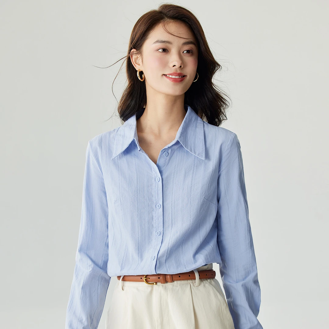 【欧若风新品】茵曼秋季格雷系白衬衫小众刺绣翻领时尚休闲纯色衬衣