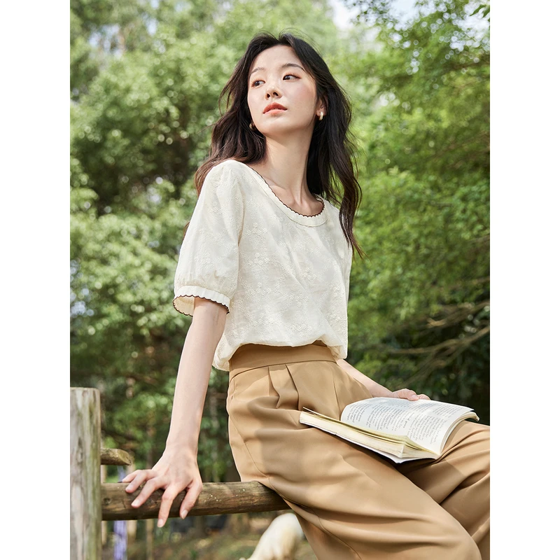 茵曼夏季女T恤上衣短袖休闲显瘦纯棉女装宽松新款圆领时尚衬衫