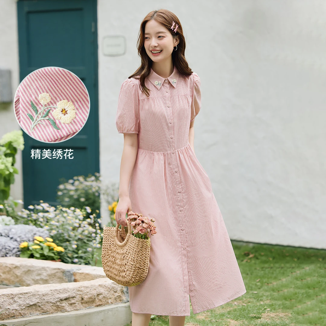 茵曼夏季女连衣裙气质子休闲A字裙条纹印花收腰中长时尚无袖法式