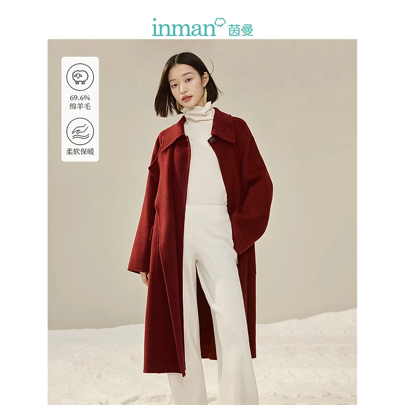 【秋冬大衣】茵曼冬季女毛呢外套气质呢子大衣长款绵羊毛红色双面