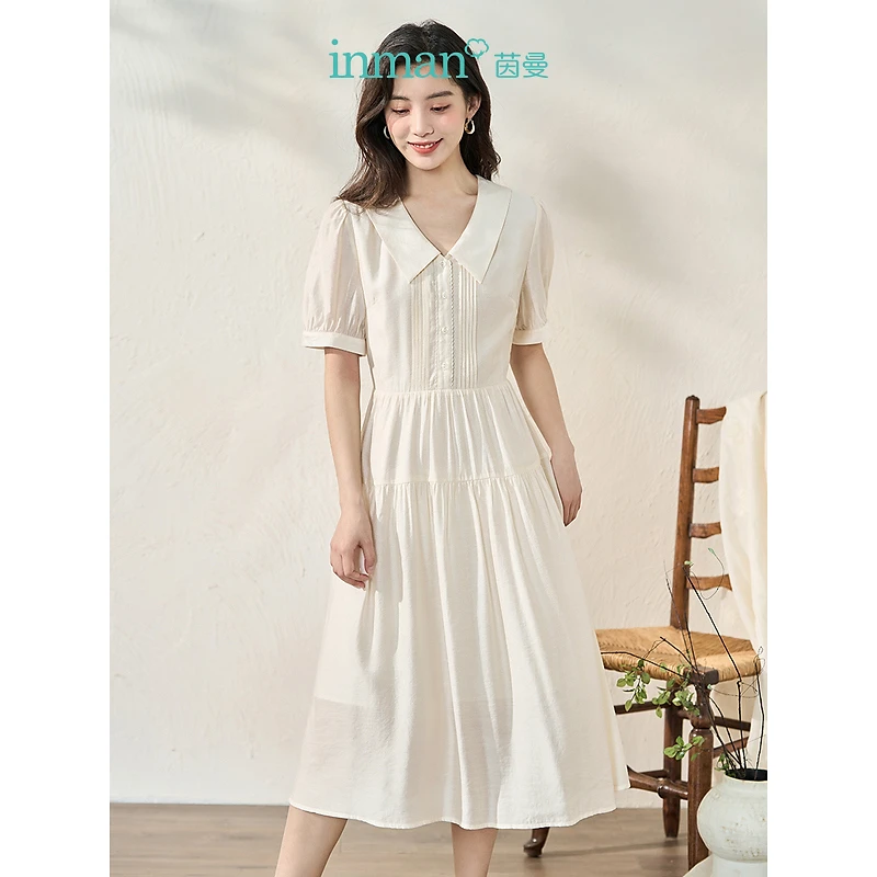 【商场同款】茵曼夏季小众田园法式宽松连衣裙翻领高腰灯笼袖裙子女