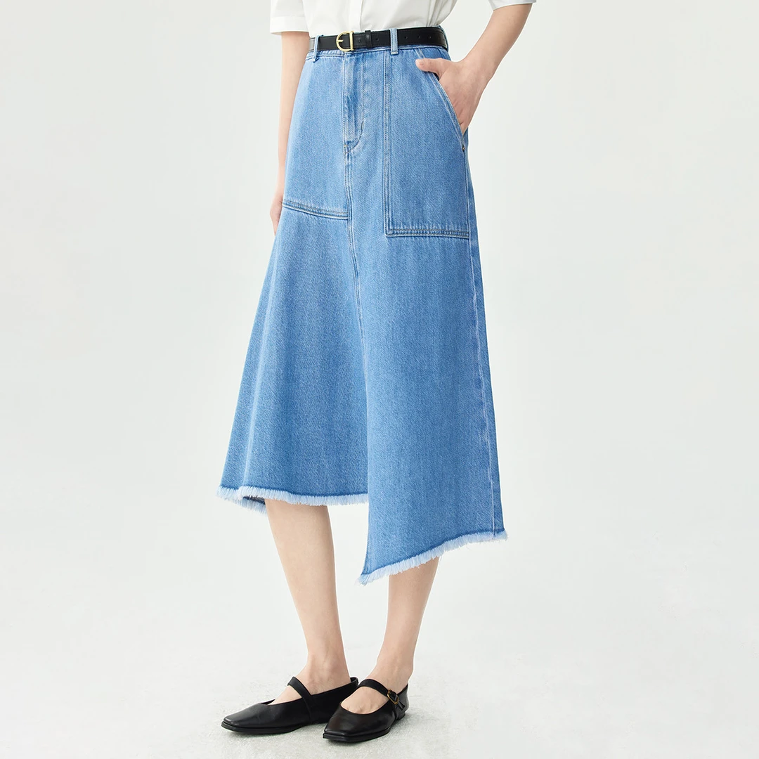 茵曼2024夏季新款女半身裙牛仔裙显瘦A字不规则休闲高腰纯棉时尚