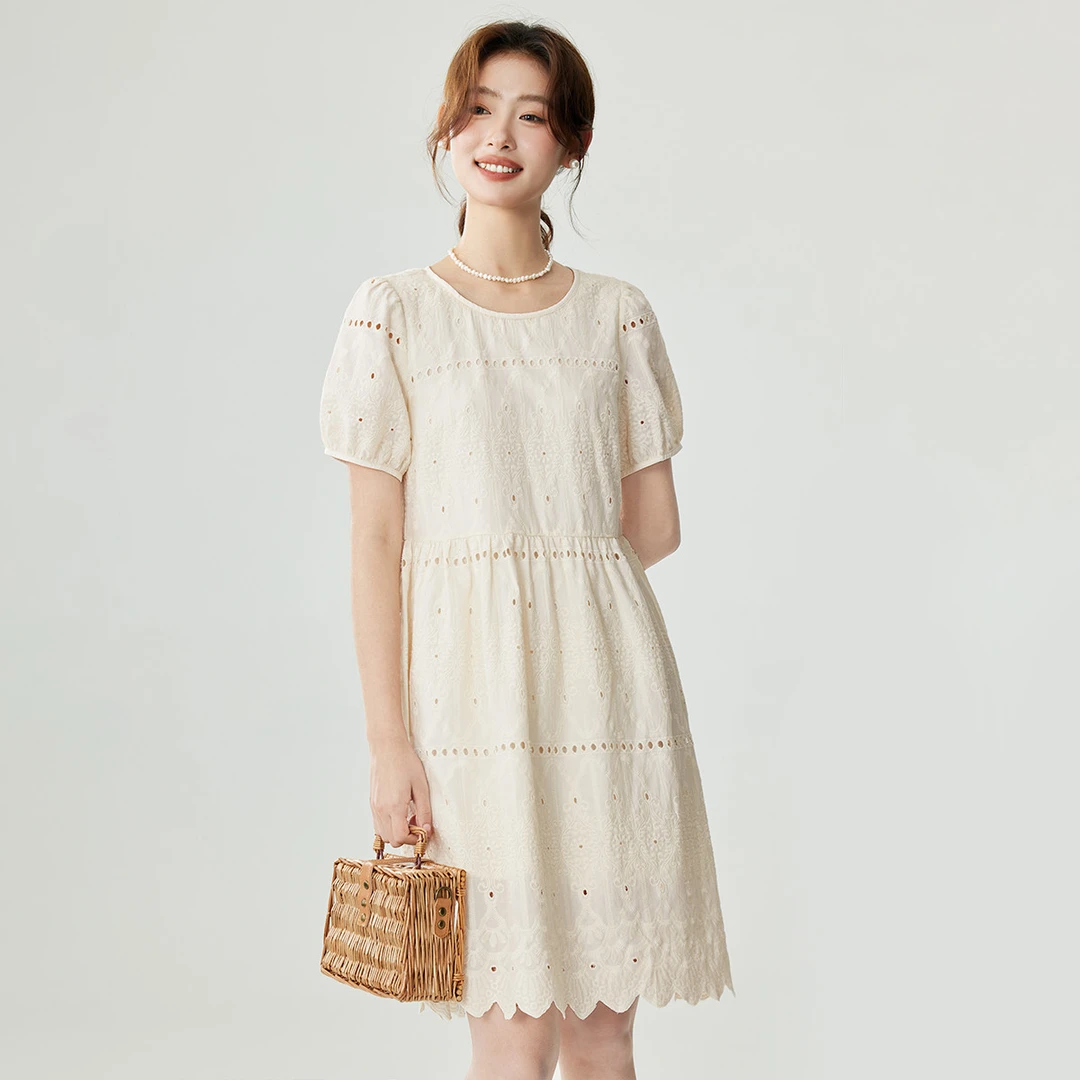 【欧若风新品】茵曼夏季浪漫气质连衣裙女镂空提花显瘦文艺A字裙子