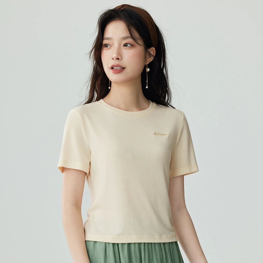 【双12提前购】茵曼夏季时尚基础百搭短袖T恤字母绣花休闲圆领上