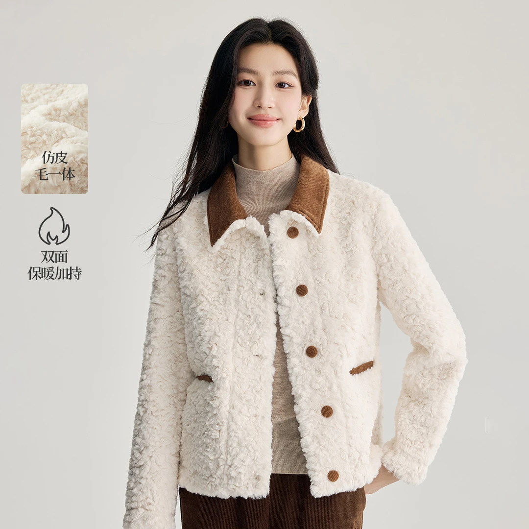 【欧若风新品】茵曼冬季小香风仿羊羔毛外套女加厚保暖气质宽松上衣