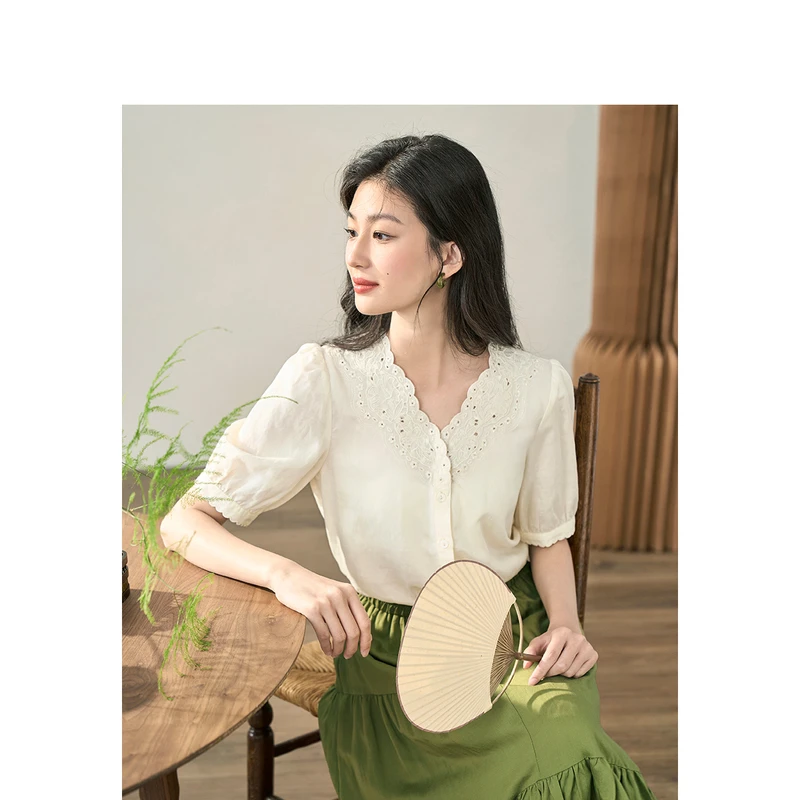 【商场同款】茵曼春秋女衬衫衬衣上衣短袖苎麻气质新款刺绣休闲时尚