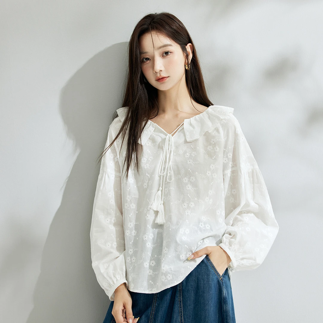 【雅丹风】茵曼2024春秋新款女衬衫衬衣白衬衫长袖气质休闲绣花纯色